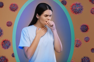 Image of Young woman coughing on color background. Immunity system fighting with virus