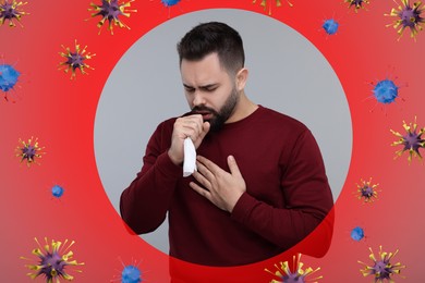 Young man coughing on color background. Immunity system fighting with virus