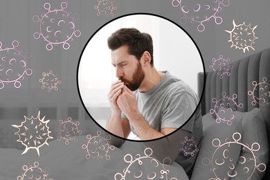 Man coughing on bed. Immunity system fighting with virus