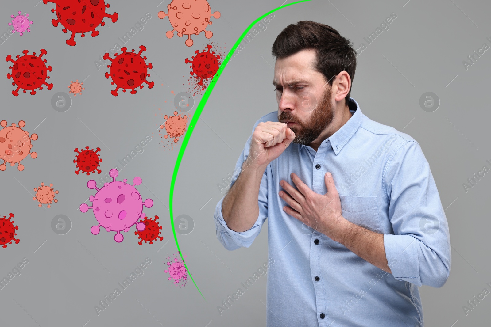 Image of Man coughing on grey background. Immunity system fighting with virus