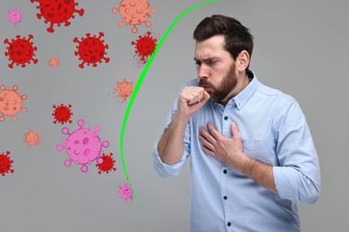 Man coughing on grey background. Immunity system fighting with virus