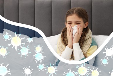Image of Little girl with tissue sneezing in bed. Immunity system fighting with virus