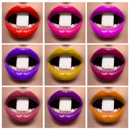 Image of Lipstick shades collection. Collage with photos of young woman, closeup