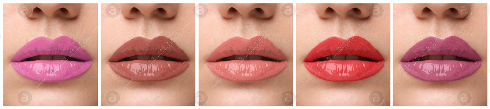 Image of Lipstick shades collection. Collage with photos of young woman, closeup