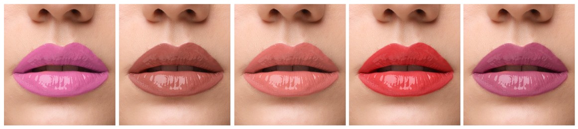 Lipstick shades collection. Collage with photos of young woman, closeup