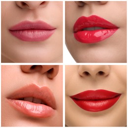 Image of Lipstick shades collection. Collage with photos of young women, closeup