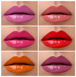 Image of Lipstick shades collection. Collage with photos of young woman, closeup