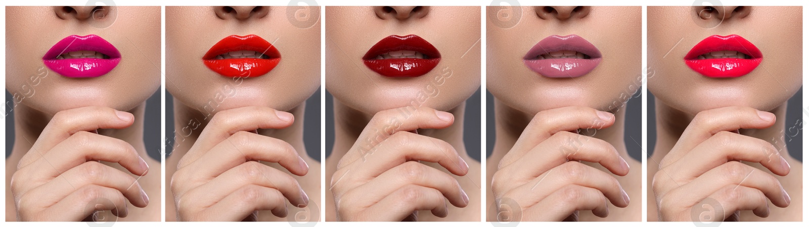 Image of Lipstick shades collection. Collage with photos of young woman, closeup