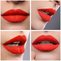 Image of Collage with photos of young woman with red color lipstick, closeup