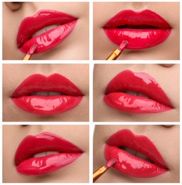 Collage with photos of young woman with red color lipstick, closeup