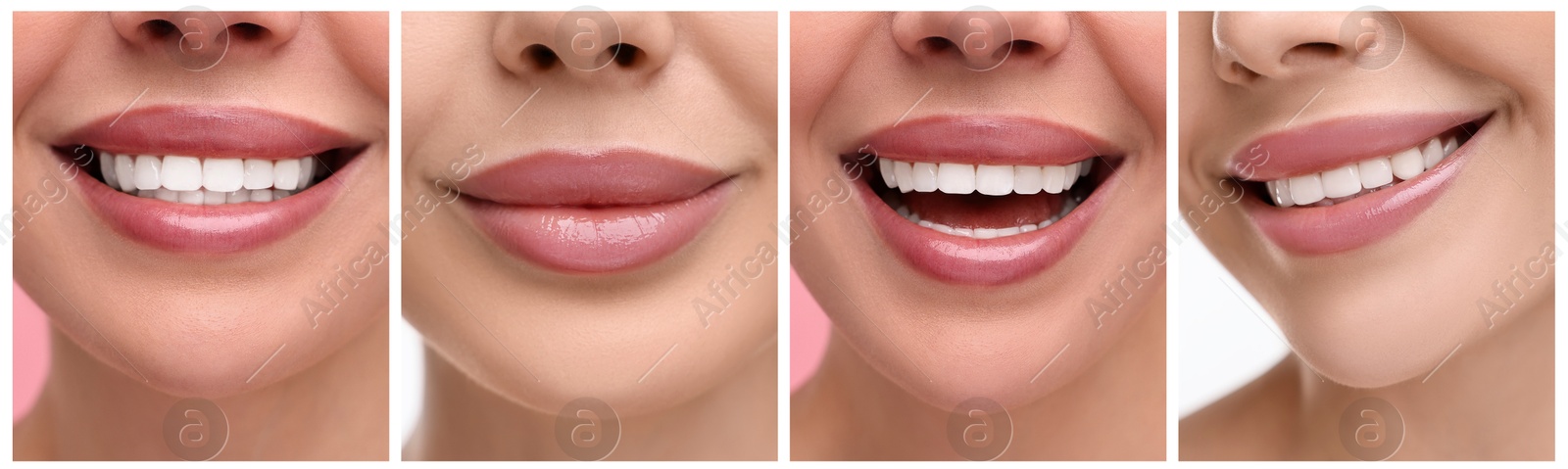 Image of Collage with photos of young woman with nude color lipstick, closeup