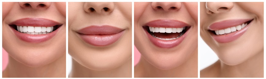 Image of Collage with photos of young woman with nude color lipstick, closeup