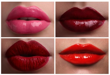 Image of Lipstick shades collection. Collage with photos of young women, closeup