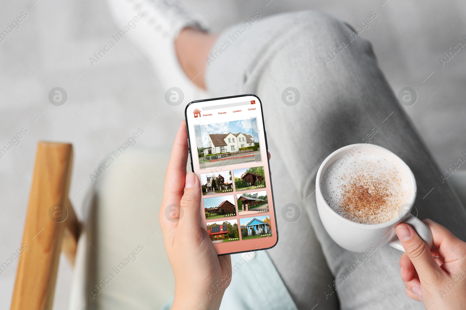 Image of Woman choosing dwelling on house hunting website via smartphone indoors, closeup