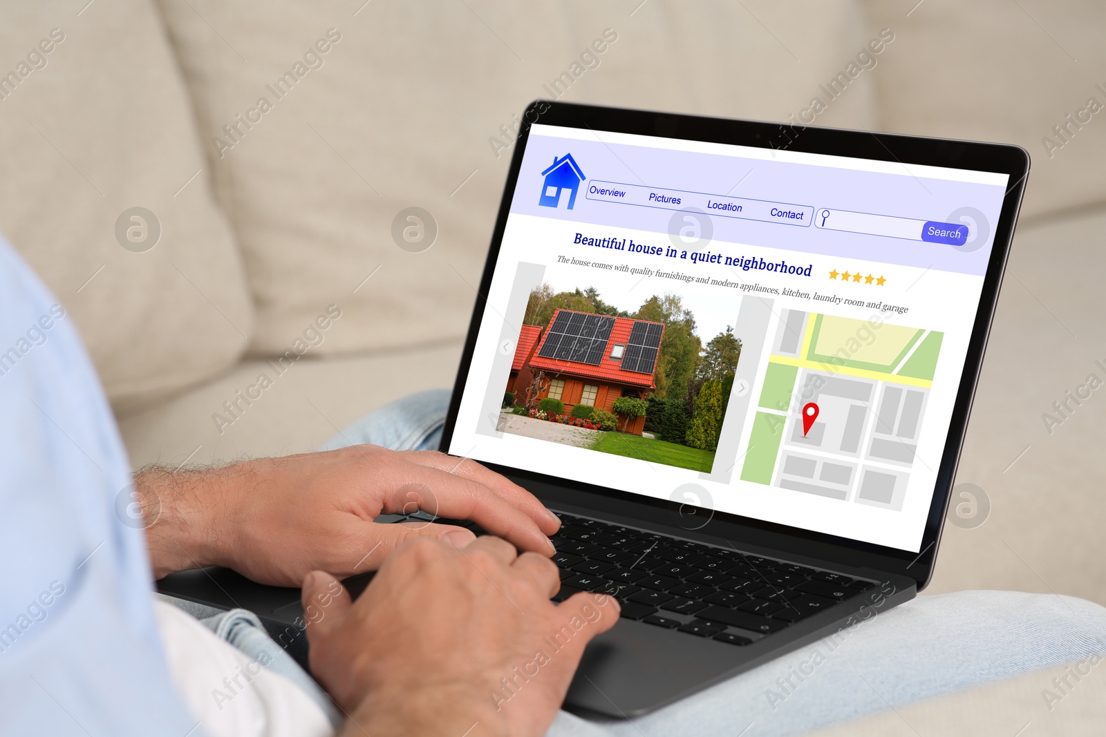 Image of Man choosing dwelling on house hunting website via laptop indoors, closeup