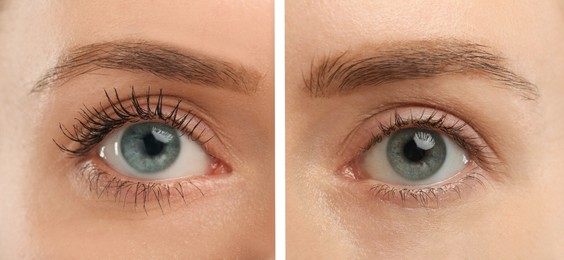 Image of Collage with photos of woman before and after applying mascara, closeup
