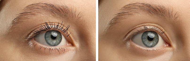 Image of Collage with photos of woman before and after applying mascara, closeup