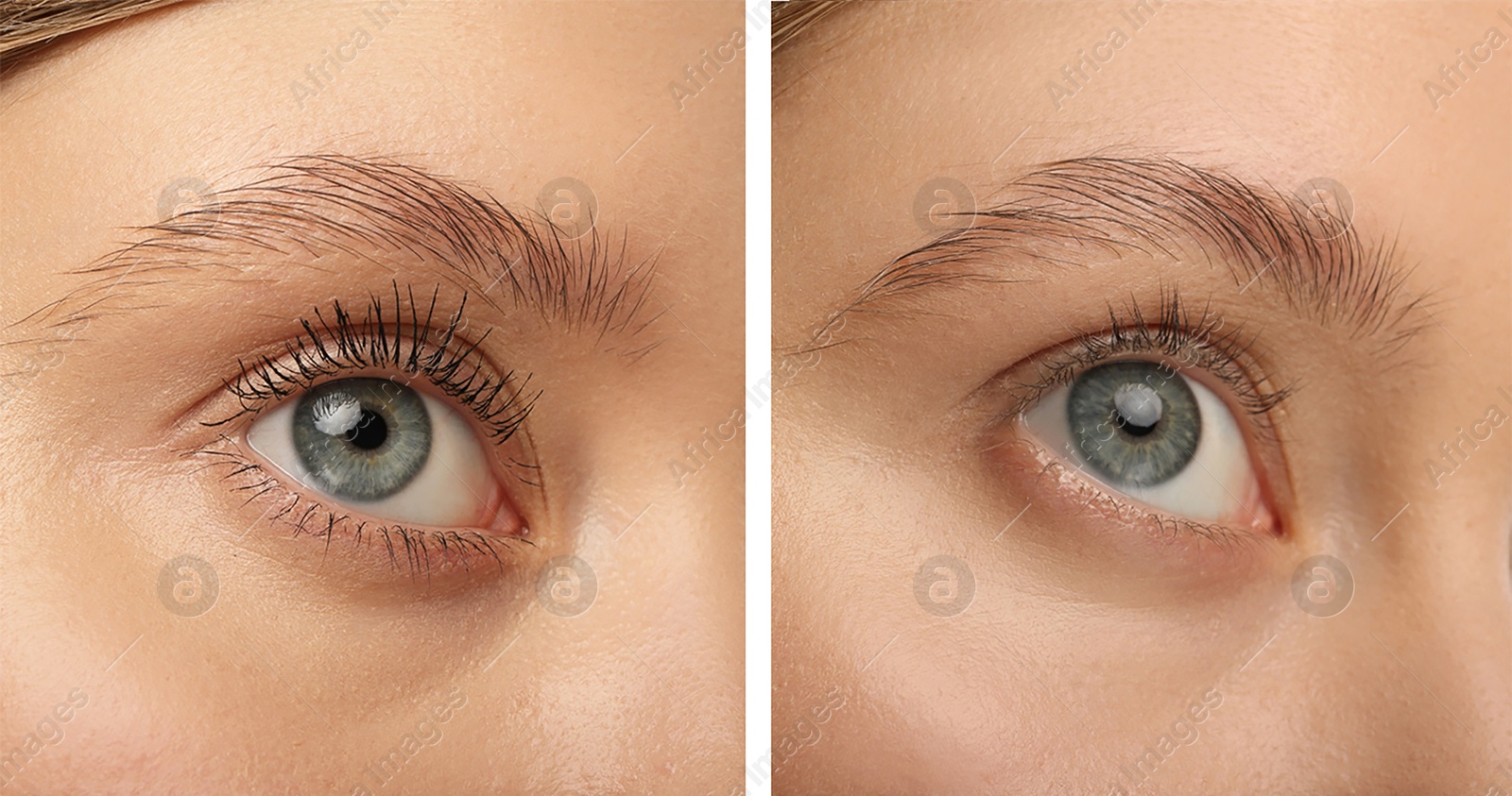 Image of Collage with photos of woman before and after applying mascara, closeup