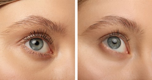 Collage with photos of woman before and after applying mascara, closeup