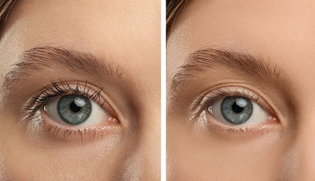 Image of Collage with photos of woman before and after applying mascara, closeup