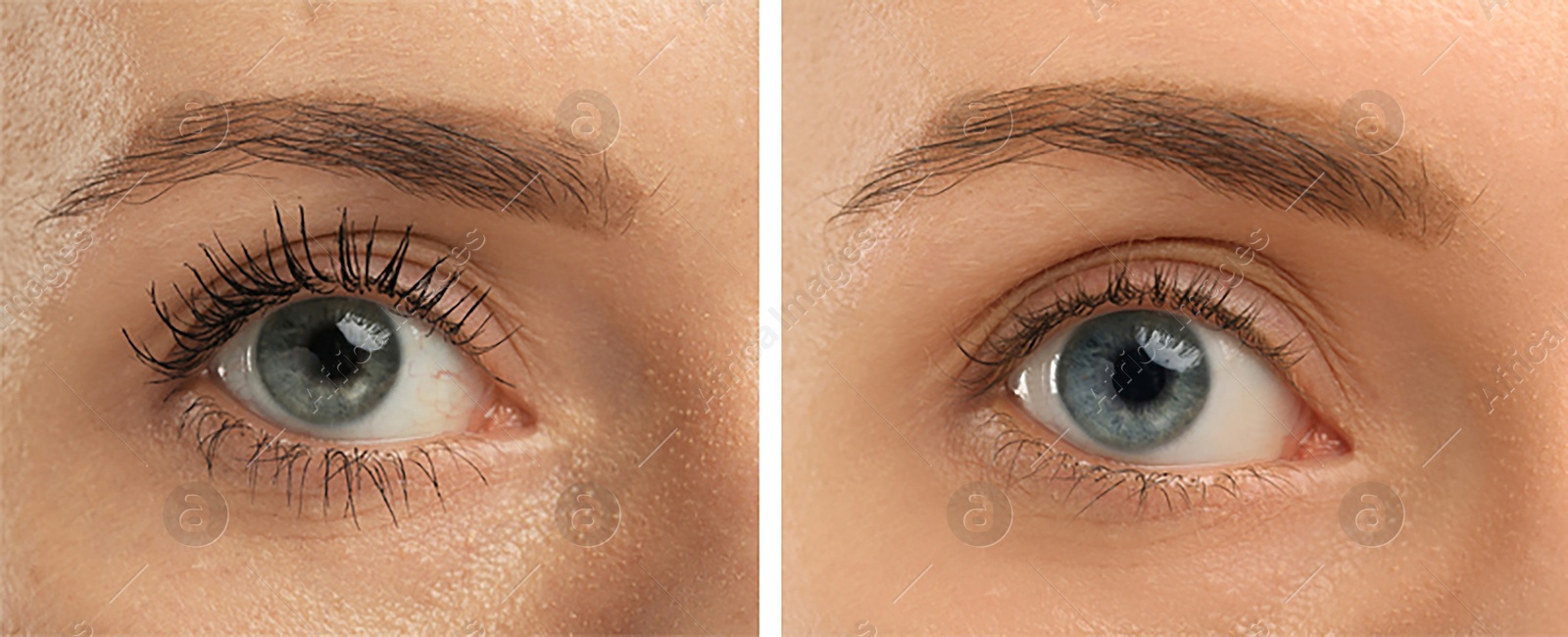 Image of Collage with photos of woman before and after applying mascara, closeup