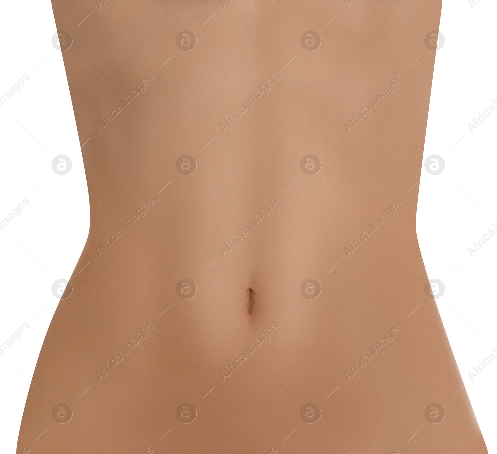 Image of Woman showing slim belly on white background. closeup