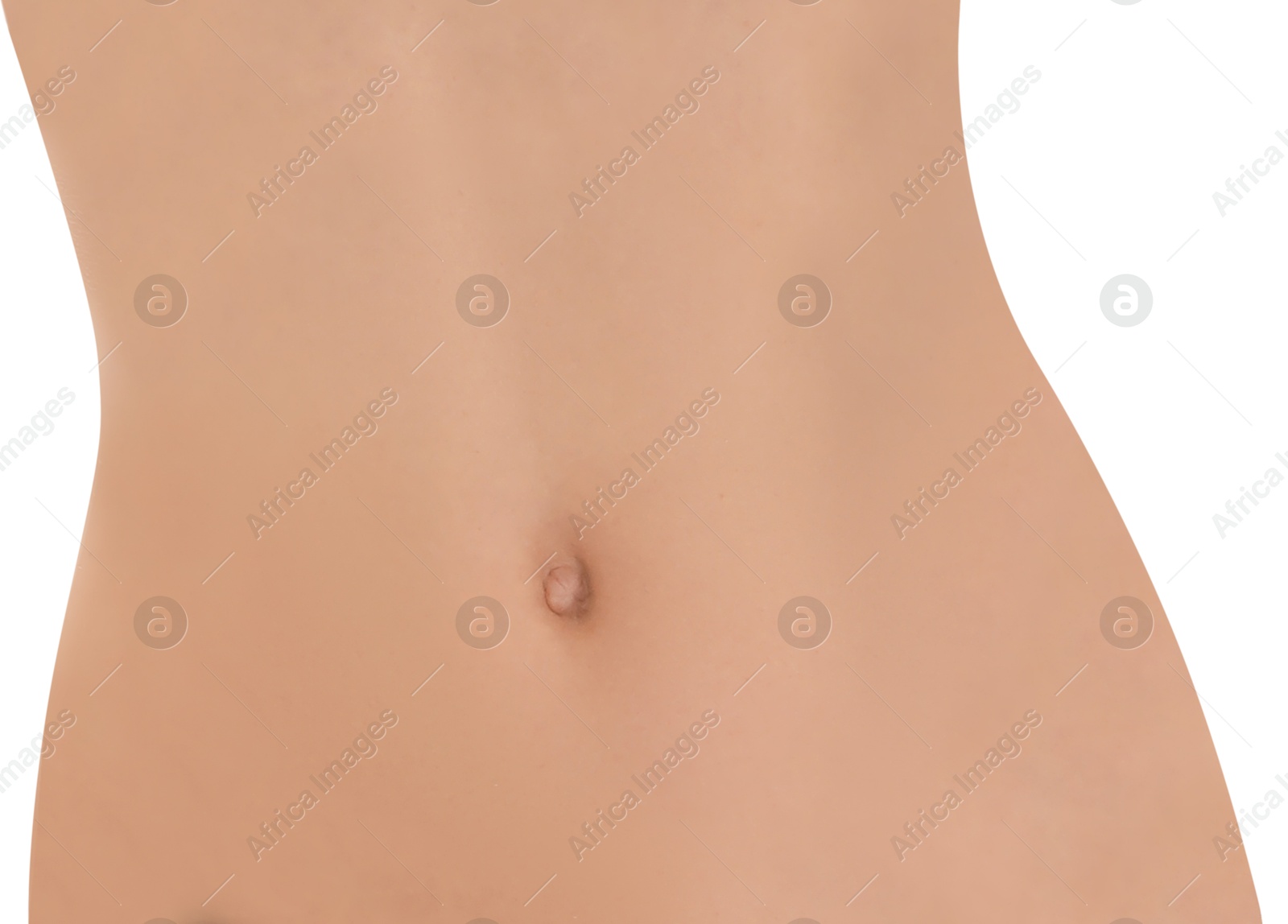 Image of Woman showing slim belly on white background. closeup