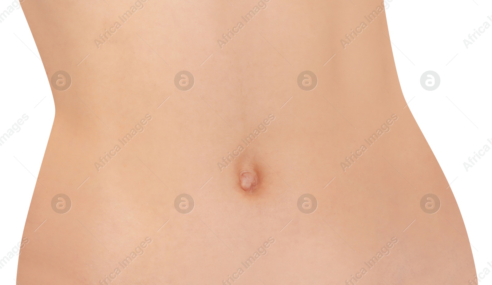 Image of Woman showing slim belly on white background. closeup