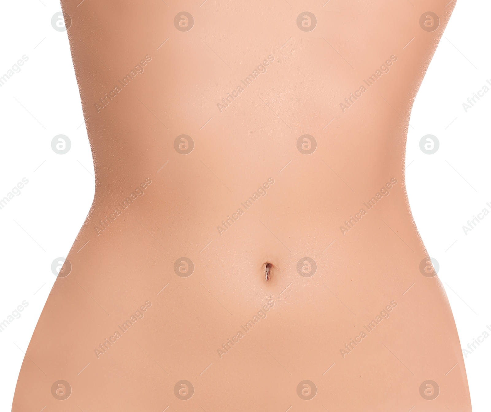 Image of Woman showing slim belly on white background. closeup