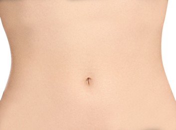 Image of Woman showing slim belly on white background. closeup