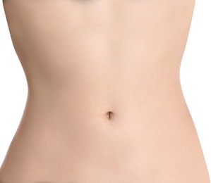 Image of Woman showing slim belly on white background. closeup