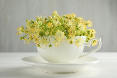 Fresh linden leaves and flowers in cup on white wooden table