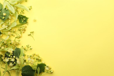 Photo of Fresh linden leaves and flowers on yellow background, top view. Space for text