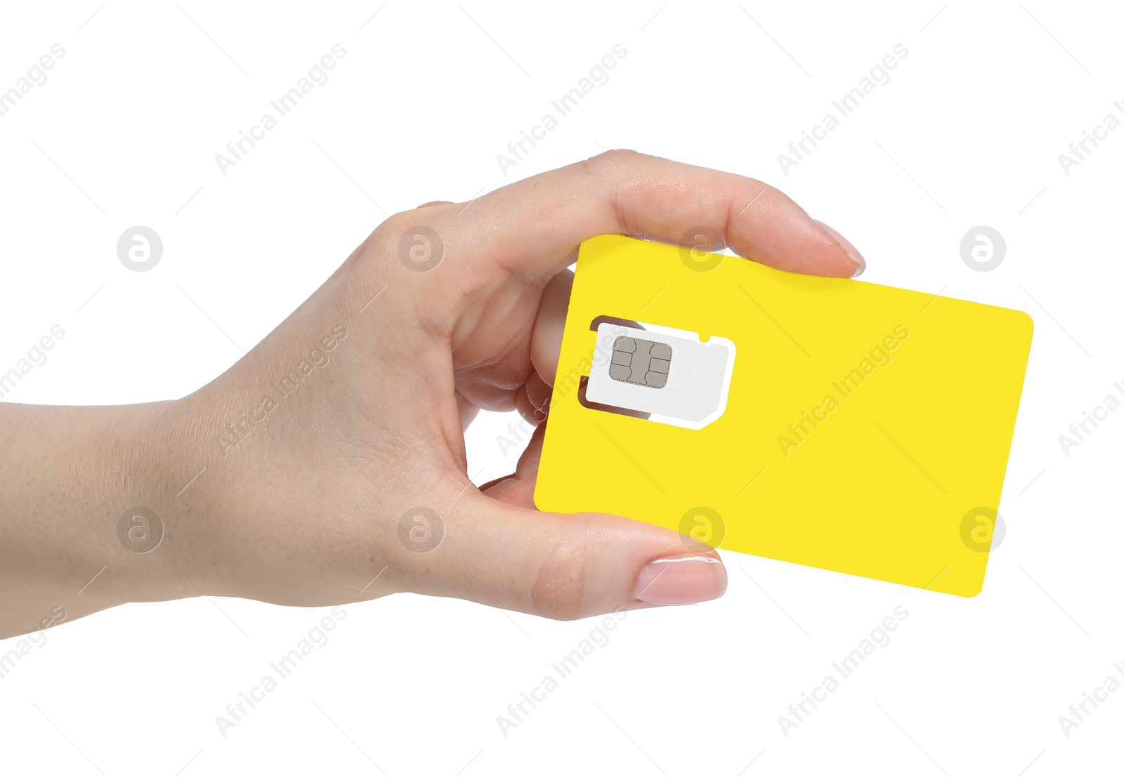 Photo of Woman holding modern SIM card on white background, closeup