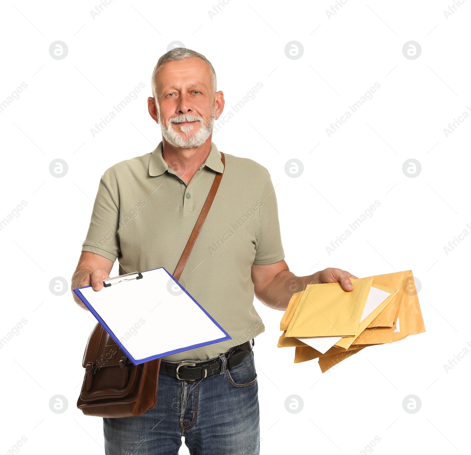 Photo of Postman with brown bag delivering letters on white background