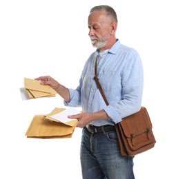 Photo of Postman with brown bag delivering letters on white background