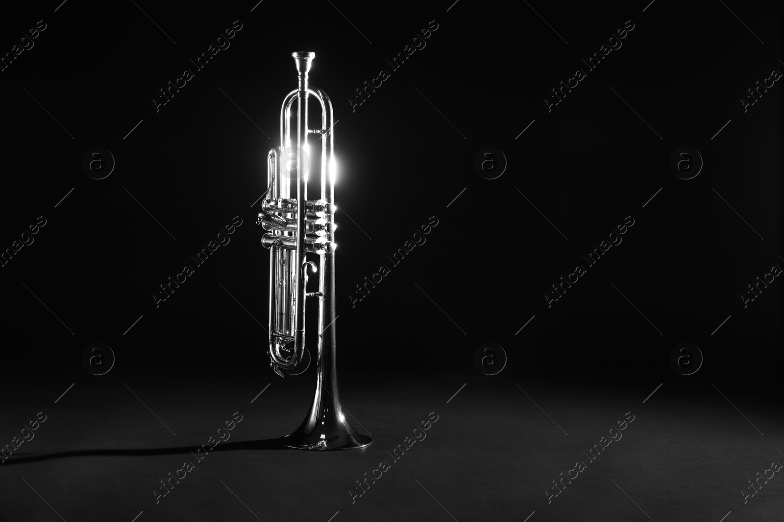 Photo of Shiny trumpet on dark background, space for text. Wind musical instrument