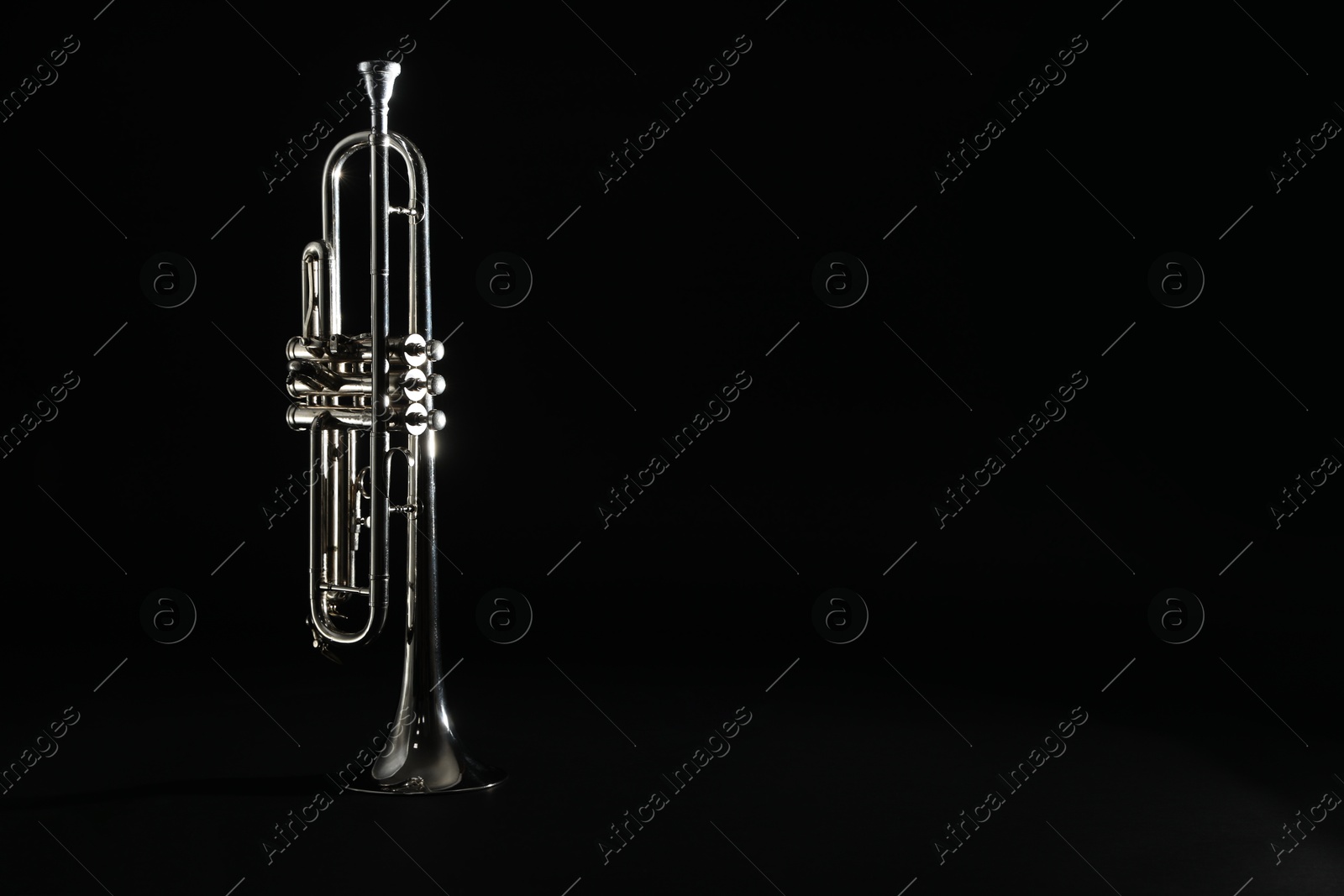 Photo of Shiny trumpet on black background, space for text. Wind musical instrument