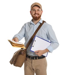 Happy young postman with brown bag delivering letters on white background