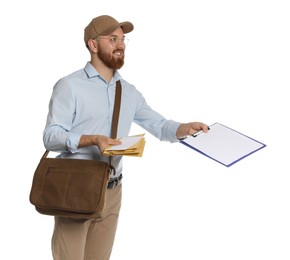 Happy young postman with brown bag delivering letters on white background