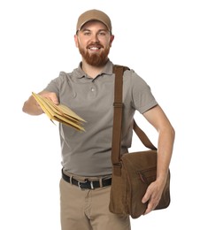 Photo of Happy young postman with brown bag delivering letters on white background