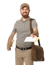 Happy young postman with brown bag delivering letters on white background