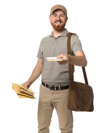 Photo of Happy young postman with brown bag delivering letters on white background