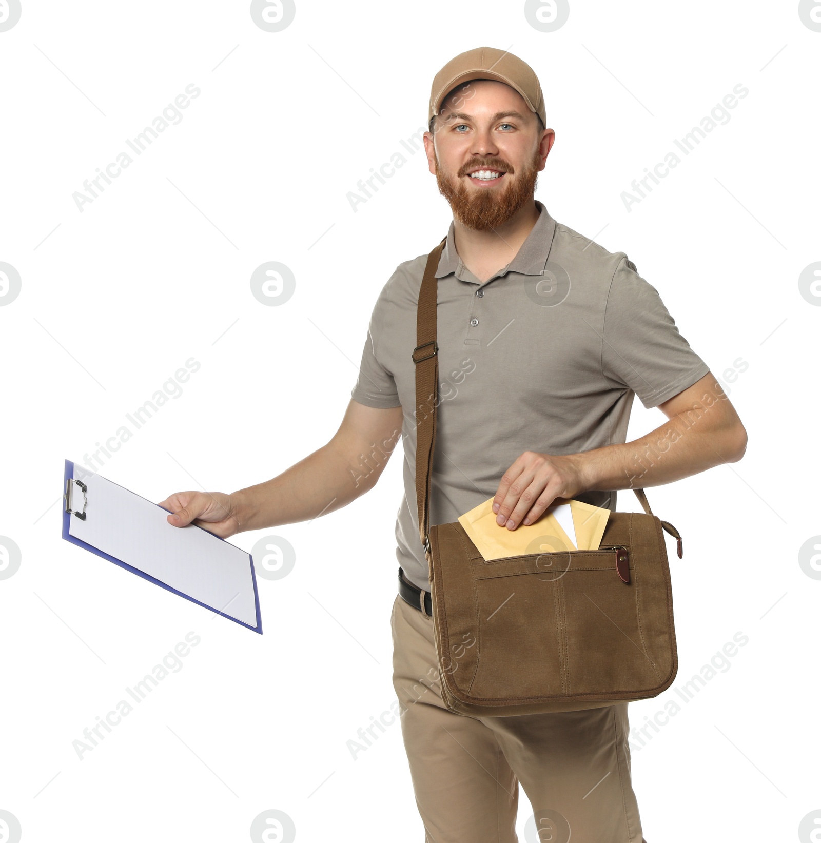 Photo of Happy young postman with brown bag delivering letters on white background