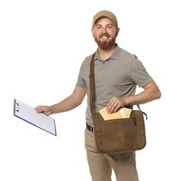 Photo of Happy young postman with brown bag delivering letters on white background