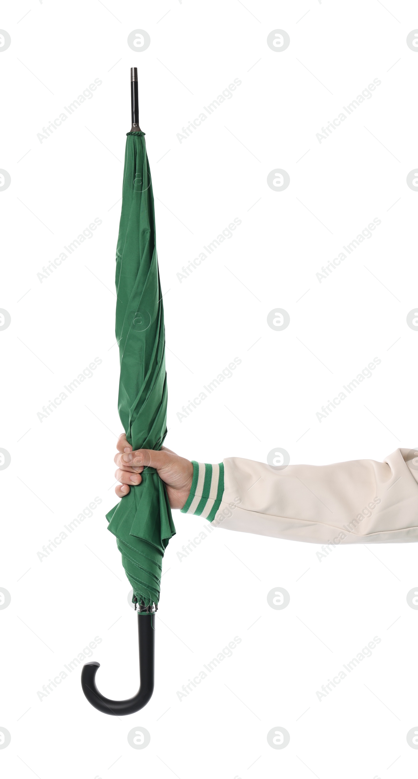 Photo of Man with green umbrella on white background, closeup