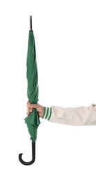 Man with green umbrella on white background, closeup