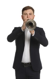 Handsome musician playing trumpet on white background