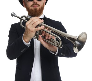 Photo of Musician with trumpet on white background, closeup