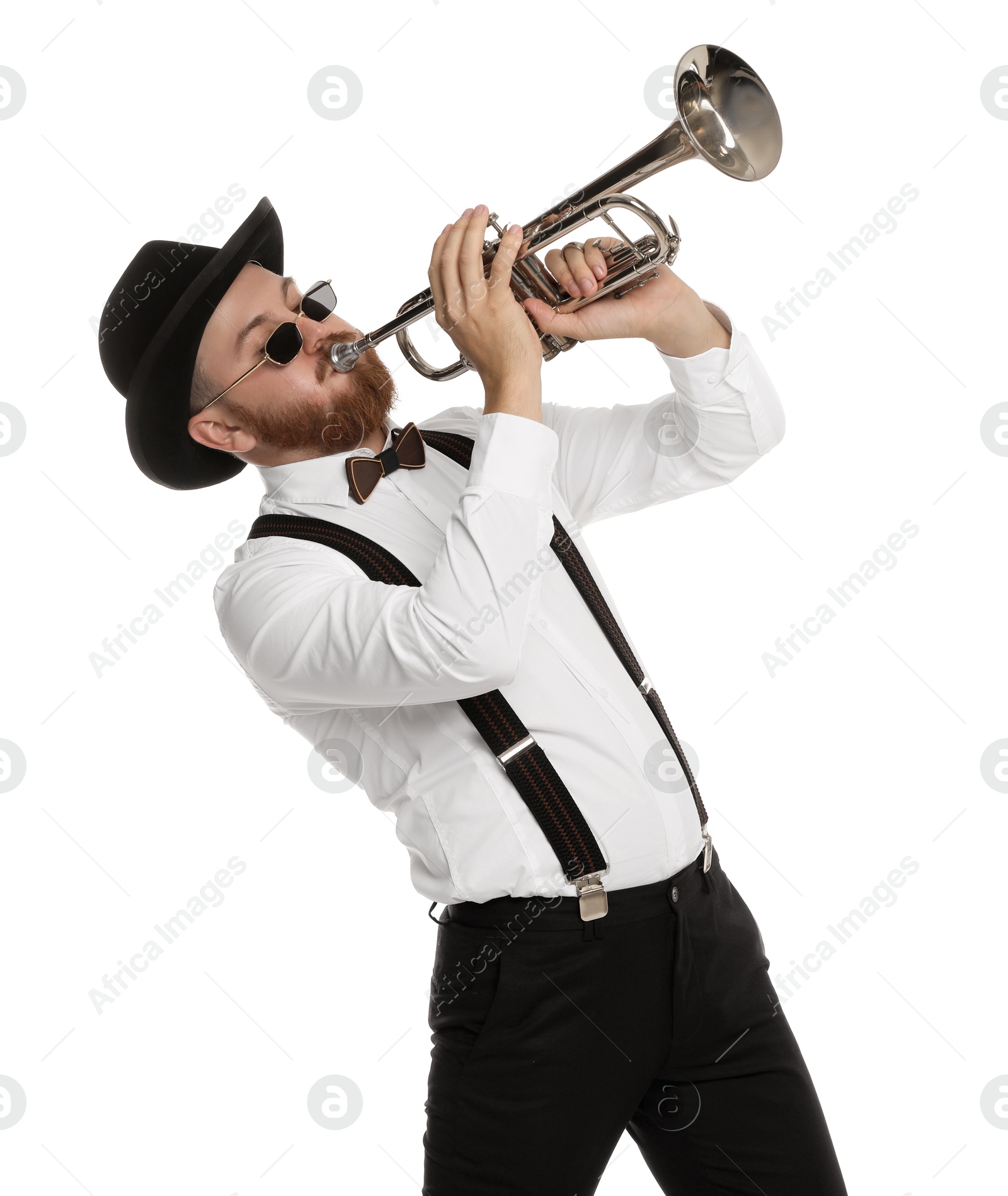 Photo of Handsome musician playing trumpet on white background